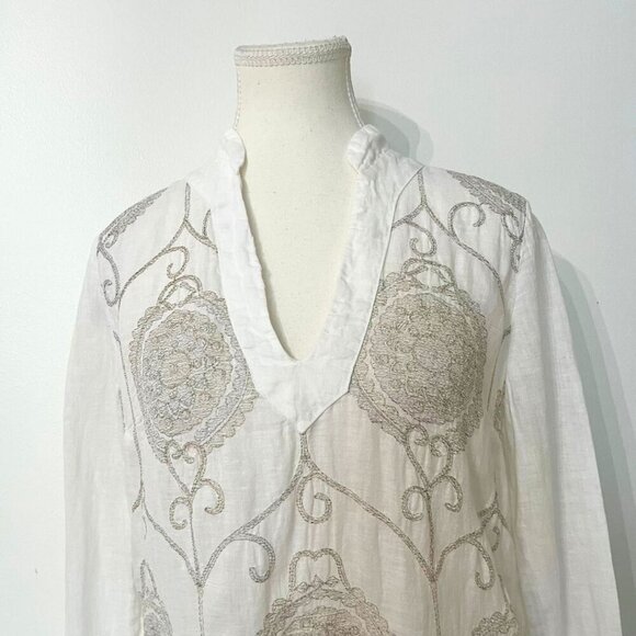 120% LINO WHITE LINEN SILVER GREY MEDALLION PRINT V-NECKLINE SHIFT TUNIC DRESS - Picture 4 of 12